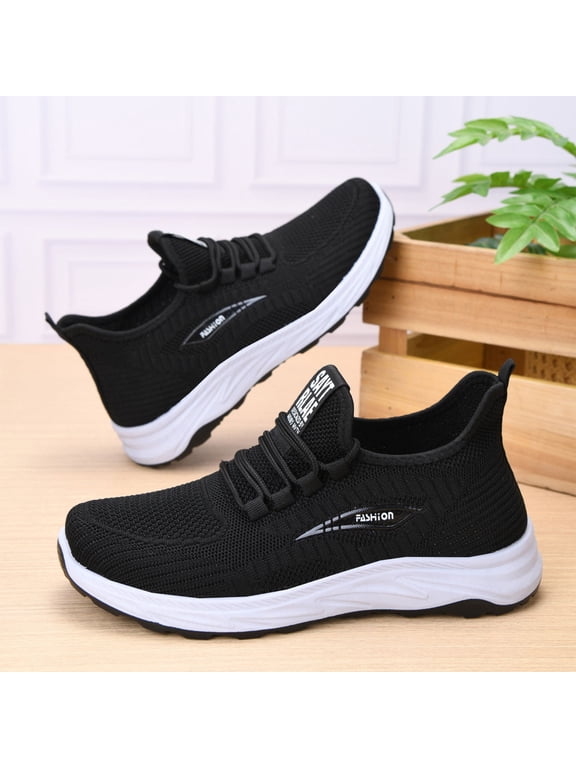 Women's Knit Slip On Walking Sneakers, Decorative Lace Lightweight Non Slip Casual Shoes for Daily Errands