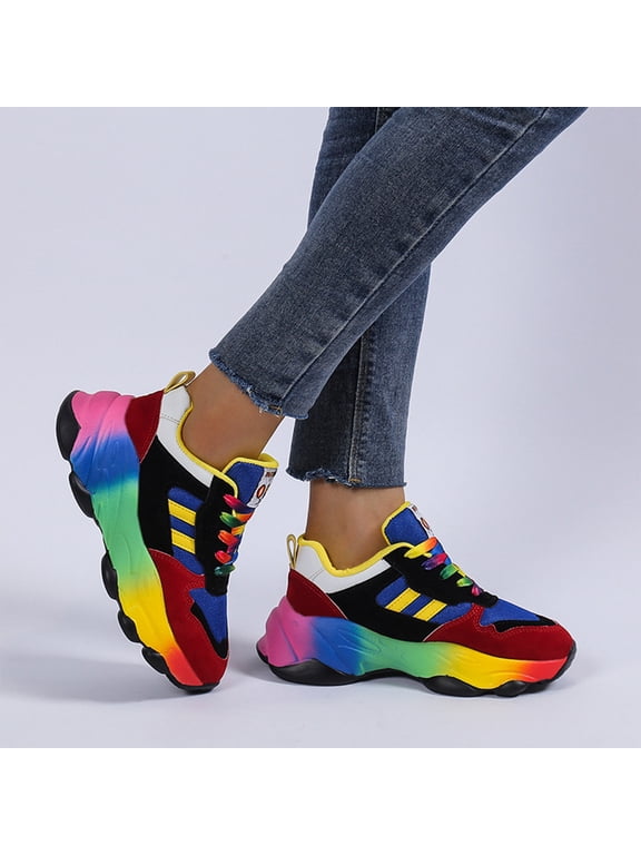 Women's Multi-Color Block Chunky Platform Sneakers Lace Up Height Boosting Non Slip Thick Sole Trendy Casual Walking Shoes for Street Style Weekend Outings