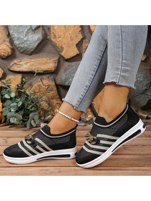 Women's Slip On Walking Shoes Orthopedic Air Cushion Platform Rhinestone Chain Decor Breathable Knit Mesh Lightweight Cushioned Non-Slip Fashion Casual Athletic Sneakers
