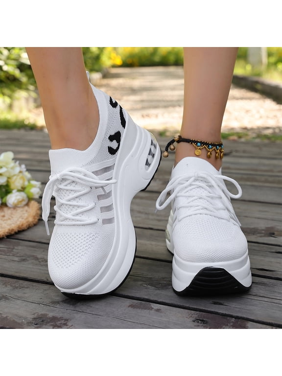 Women's Wedge Platform Knitted Sneakers Breathable Lace Up Air Cushion Arch Support Chunky Casual Walking Shoes