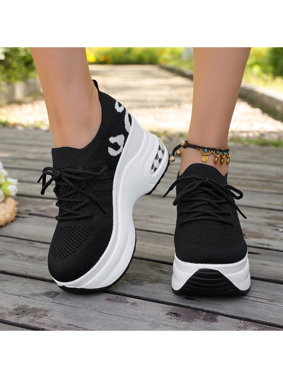 Women's Wedge Platform Knitted Sneakers Breathable Lace Up Air Cushion Arch Support Chunky Casual Walking Shoes