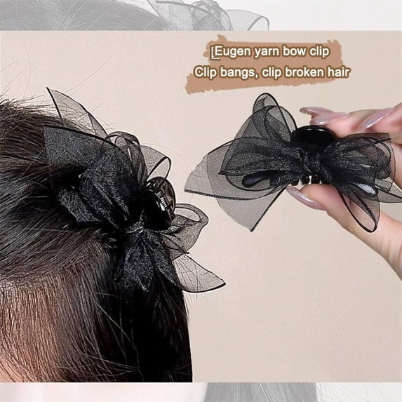 DLQT 2pc Champagne Organza Double-Sided Bow Hairpin Eight-Character Bangs Clip Net Red Princess Head Black Mesh High-Grade Claw Clip Headdress Hairpin