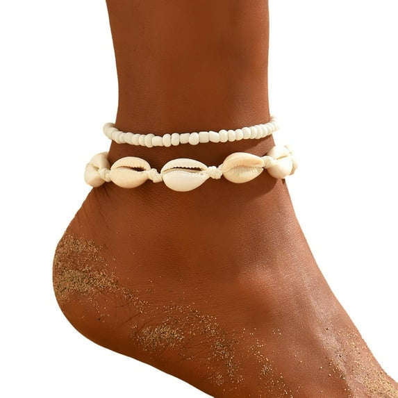 DLQT Af199-032pcs Summer Beach Natural Shell Anklet Bohemian Colorful Beads Layered Chain Anklet