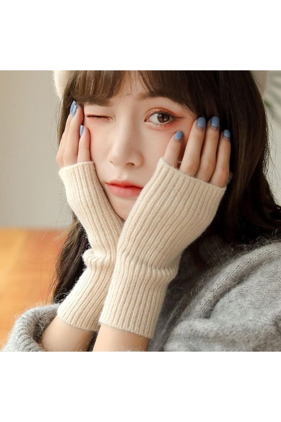DLQT Beige Korean Ins Autumn And Winter Wool All-Match Cold-Proof Simple Gloves For Women With Fingerless Students Touch Screen Thickened Knitted Wristbands