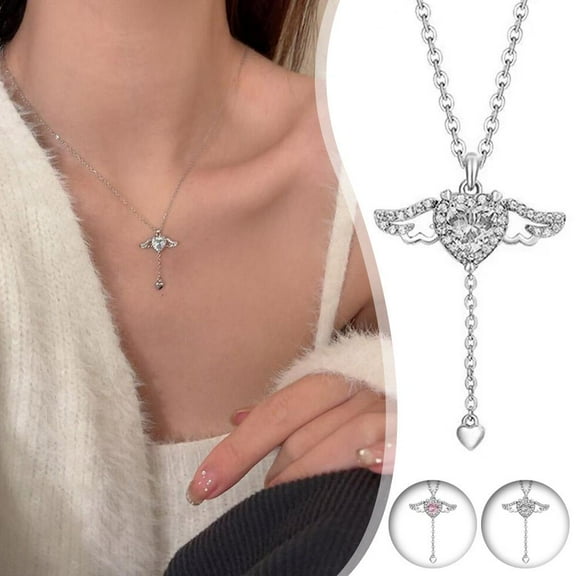 DLQT Pink Angel Angel Wings Necklace Romantic Angel Clavicle Necklace Girlfriend Gift Light Luxury Heart Shaped Necklace