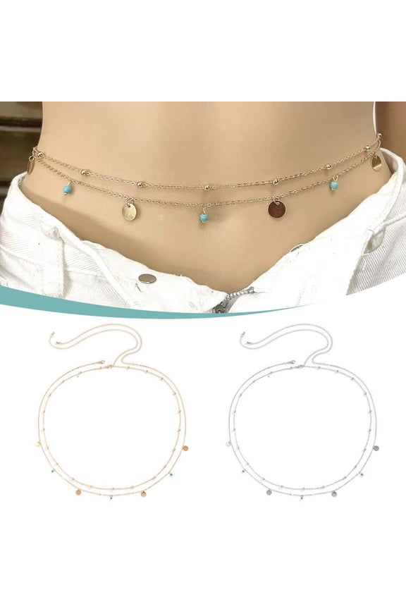 DLQT Silver Simple Tassel Sequin Waist Chain Women'S Double Chain Casual Pants Chain Hip Hop Turquoise Body Chain Waist Ornament