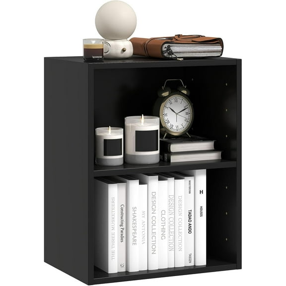 DLQZ 2-Tier Bookshelf, Open Shelf Bookcase with 7-Position Adjustable Shelf, Multifunctional Wooden Cubby Storage Display Shelf for Home Office Study Living Room (Black, 1)