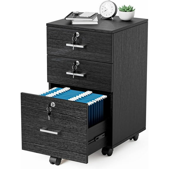 Killeryuki 3-Drawer File Cabinet with Lock, Wood Rolling Filing Cabinets for Home Office, Mobile Printer Stand, Under Desk File Organizer for Letter Sized Files, 26" H(Caster Included), Black