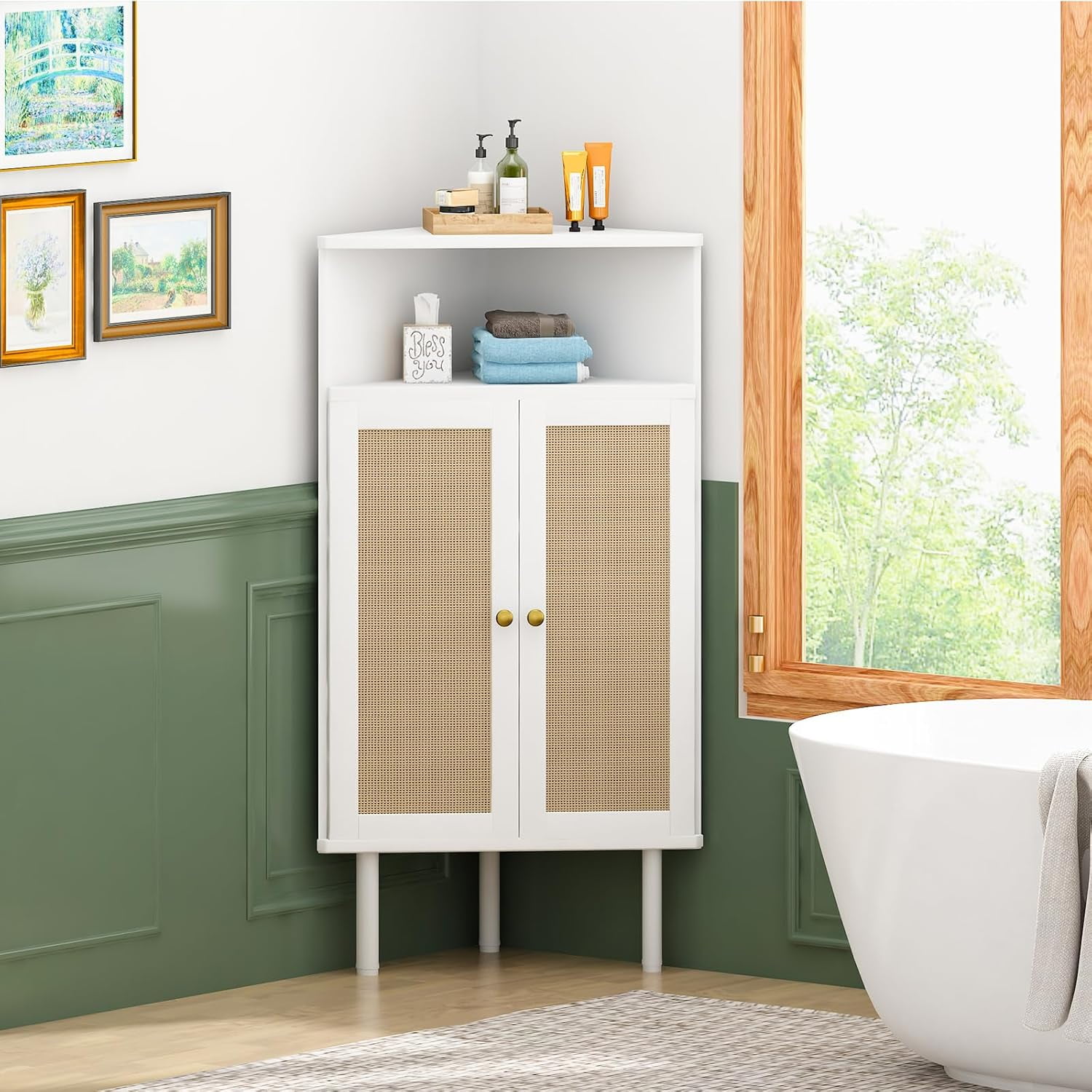 DLQZ 4-Tier Corner Cabinet with Doors & Shelves, Rattan Freestanding ...