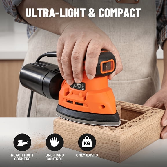 DLS03A Electric Hand Sander & Grinder, 130W Detail Sander Tool, up to 13200RPM, with 12PCS Sandpaper, with Efficient Dust Collection System, Hand Sander for Wood and Steel Surfaces (for home DIY)