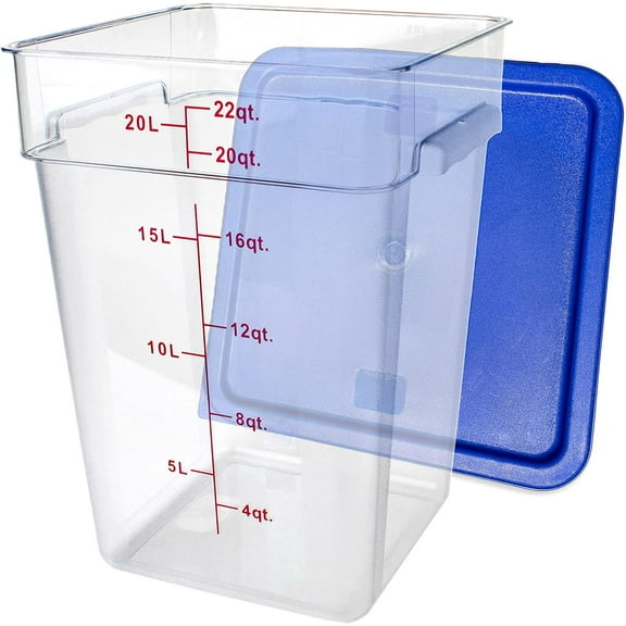 DLYone 22 Qt Commercial Clear Square Food Storage Container w/Blue Lid, Polycarbonate, Stackable