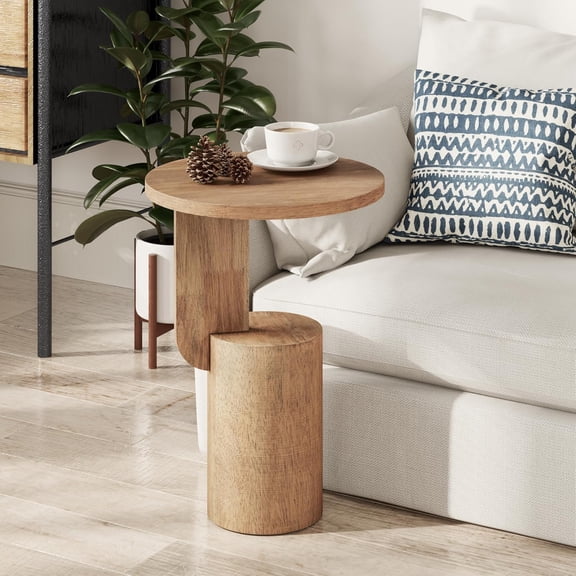 DLYone Farmhouse Tall Drink Table, Natural Wood Round End Table for Small Spaces, Modern Minimalist C Shape Side Table