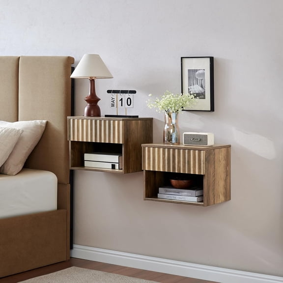 DLYone Floating Nightstand Set of 2, Wall Mounted Bedside Table w/Fluted Drawer & Open Shelf, Modern Hanging End Table for Bedroom, Living Room - Espresso