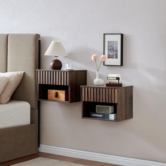 DLYone Floating Nightstand Set of 2, Wall Mounted Bedside Table with Fluted Drawer & Open Shelf, Modern Hanging End Table for Bedroom, Espresso