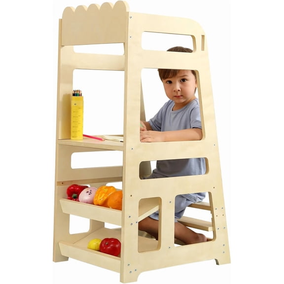 DLYone Kids Step Stool, Adjustable Montessori Wooden Kitchen Helper Tower - Safe Anti-Drop Toddler Standing Stool for Bathroom & Counter