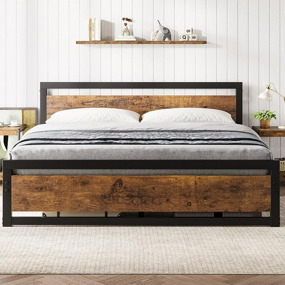 DLYone King Size Bed Frame, 14" Industrial Platform w/Headboard, No Box Spring, Easy Assembly, Retro Brown Metal & Wood, 700LBS