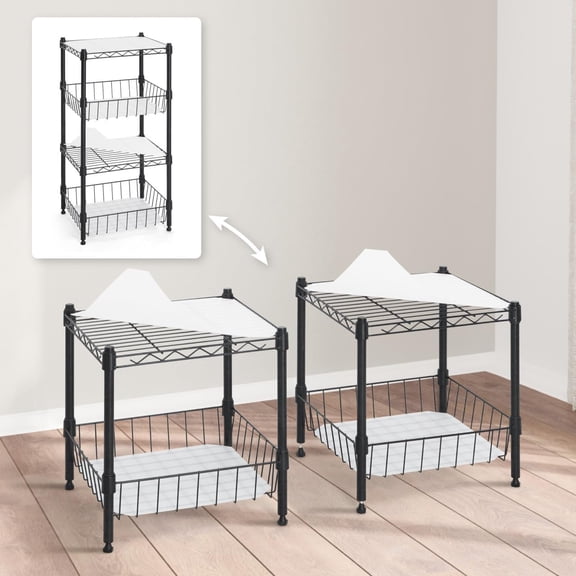 DLYone NSF 2-4 Tier Stackable Wire Shelving Unit w/Baskets & Liner, 15"x14"x30" Black Metal Storage Rack for Kitchen, Bath, Laundry, Closet