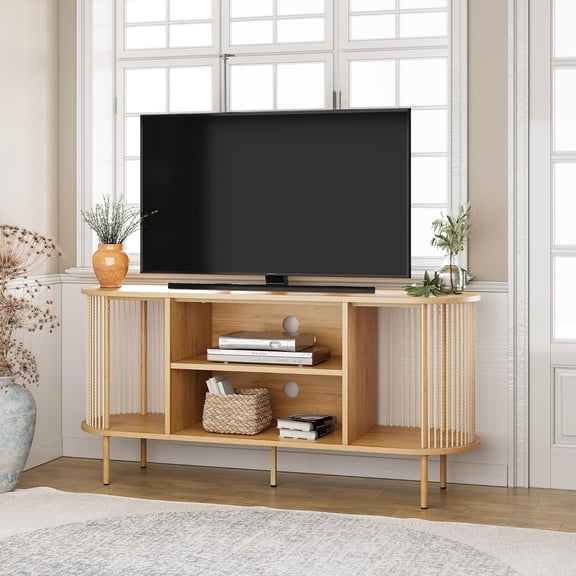 DLYone Oval Boho TV Stand for 60" TV, Mid-Century Modern Entertainment Center with Hand-Woven Ropes, Storage, Adjustable Shelf & Steel Legs, Natural Wood Console for Living Room