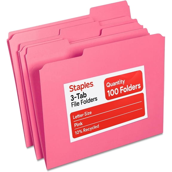 DLYone Reinforced Pink File Folders, Letter Size, 3-Tab, Heavy-Duty, 100/Pack - Everyday Value & Easy Organization