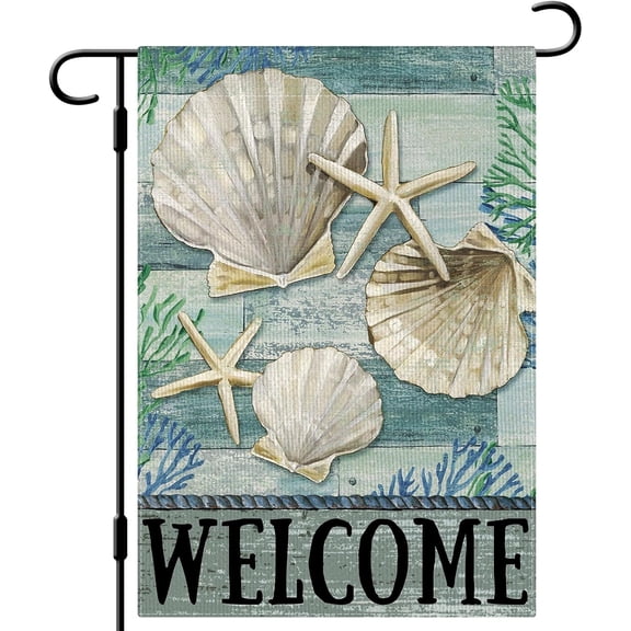 DLZDN Summer Starfish Shells Garden Flag Coastal Garden Flag 12x18 Inch Double Sided Burlap Welcome Summer Rustic Coastal Seasonal Ocean Yard Flag Outdoor Decoration