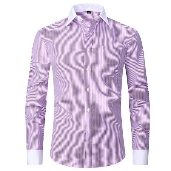 DLfVUB Big and Tall Striped Dress Shirts for Men Cotton Button Down Business Formal Shirt Long Sleeve Slim Blouse Lapel Loose Breathable Tops Purple XL