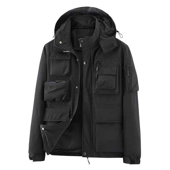 DLfVUB Cargo Jacket for Men Casual Outdoor Fall Winter Hooded Jackets with Multiple Pockets Cargo Coat Zipper Long Sleeve Loose Fit Outwear Black XL