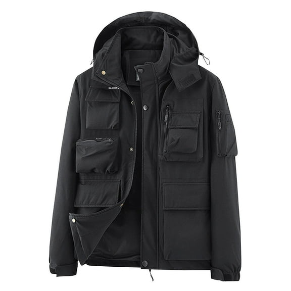 DLfVUB Cargo Jacket for Men Casual Outdoor Fall Winter Hooded Jackets with Multiple Pockets Cargo Coat Zipper Long Sleeve Loose Fit Outwear Black XXL