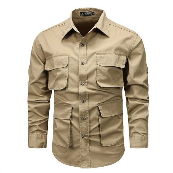 DLfVUB Cargo Shirts for Men Casual Solid Color Cotton Blouse Tops Big and Tall Turndown Collar Multiple Pockets Buttons Long Sleeve Work Shirt Khaki XXXXL