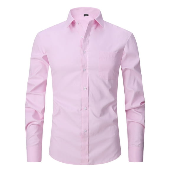 DLfVUB Cotton Solid Color Dress Shirts for Men Casual Button Down Formal Shirt Long Sleeve Slim Fit Tops Blouse Lapel Work Daily T-Shirts Pink L