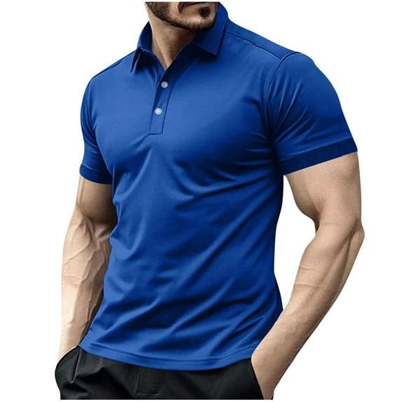 DLfVUB Men's Button Down 100% Cotton Shirts Lapel Solid Color T-Shirt Short Sleeve Button Down Relaxed Shirt Sports Workout Breathable Tees Blue L