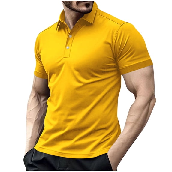 DLfVUB Men's Button Down 100% Cotton Shirts Lapel Solid Color T-Shirt Short Sleeve Button Down Relaxed Shirt Sports Workout Breathable Tees Yellow XL