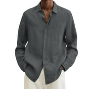 DLfVUB Men's Casual Button Down Shirt Big and Tall Regular Fit Solid Long Sleeve Linen Chambray Shirt Lightweight Comfy Soft Cotton Beach Holiday Tops Dark Gray XL