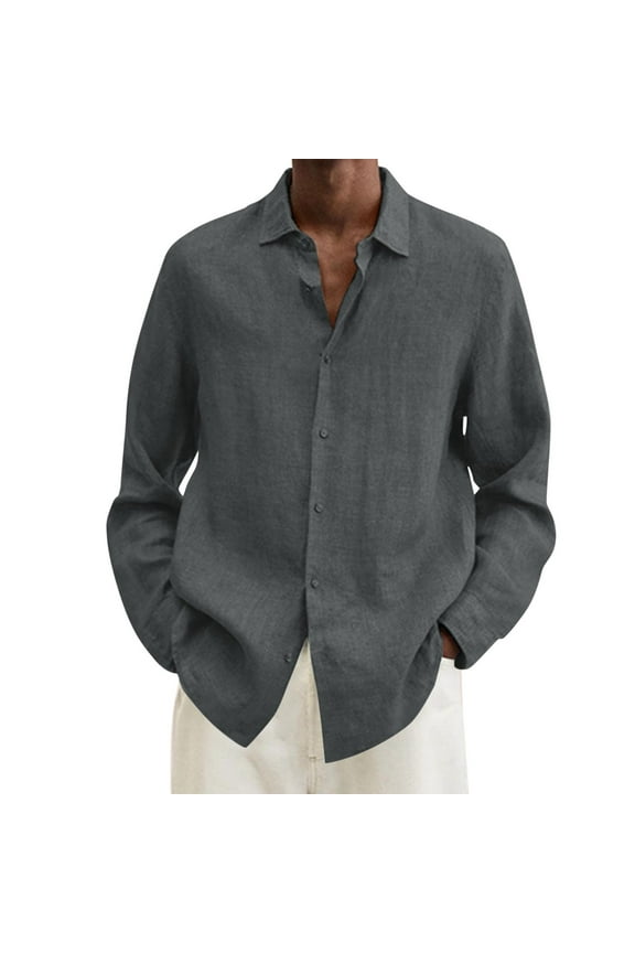 Men's Casual Button Down Shirt Big and Tall Regular Fit Solid Long Sleeve Linen Chambray Shirt Lightweight Comfy Soft Cotton Beach Holiday Tops Dark Gray XXXXXL