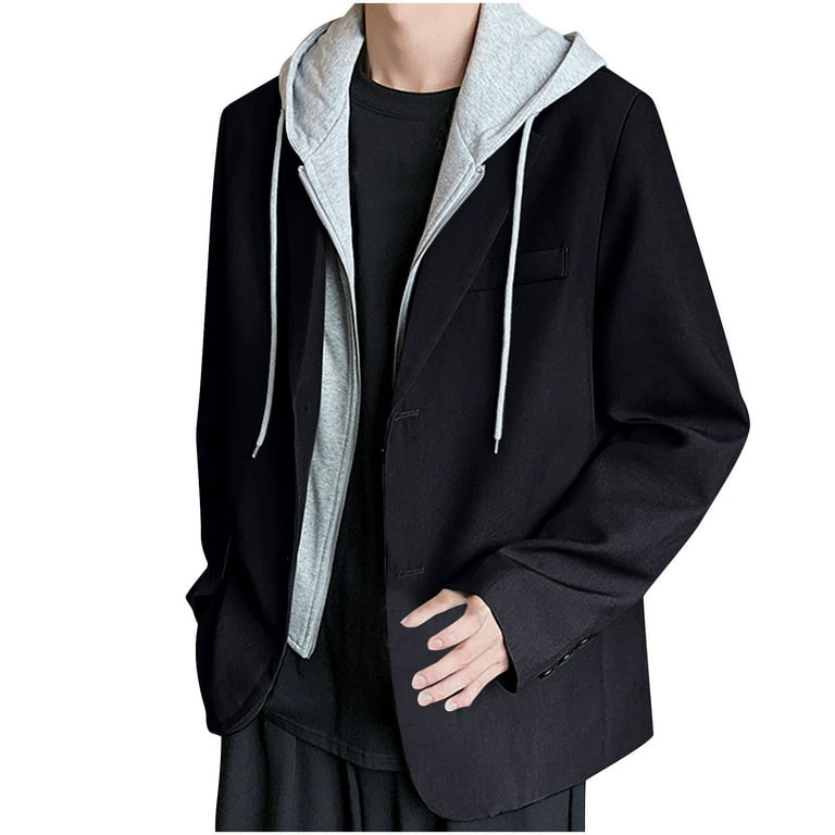 DLfVUB Men s Fake Two Blazer Hooded Suit Jacket Casual Daily Business Long Sleeve Jackets Button Down Zip Up Coats with Drawstring Hoodies Black XXXL Walmart