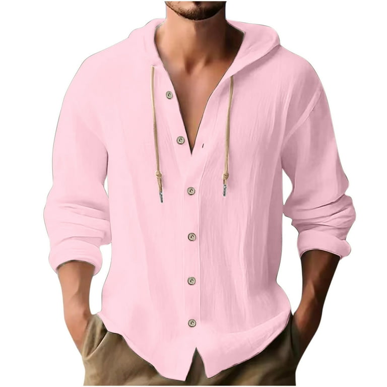 DLfVUB Men s Hooded Shirt Cotton Linen Solid Color Drawstring Long Sleeve Lapel Shirts Casual Button Down Breathable Loose Daily Tops Blouse Pink S Walmart