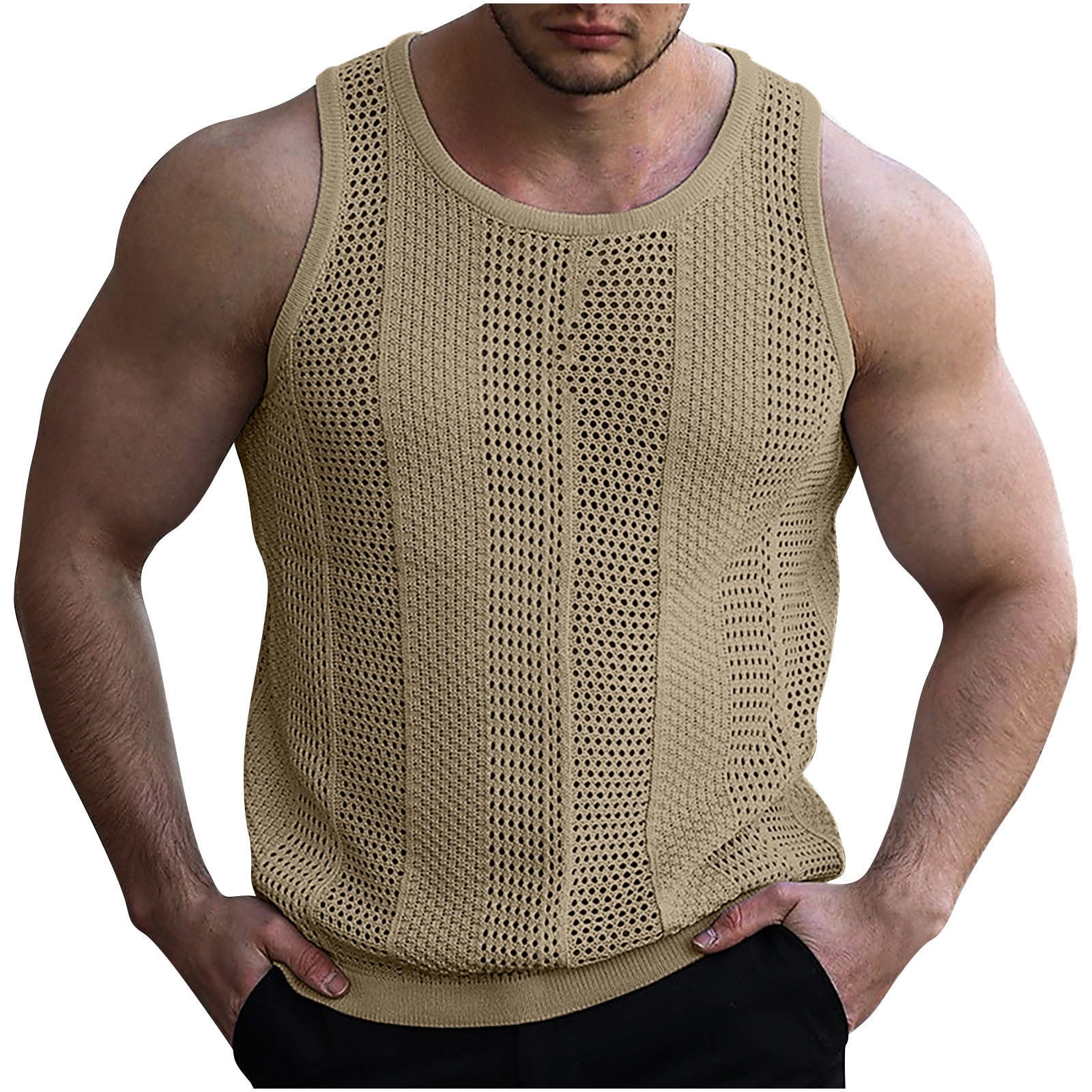 DLfVUB Men's Knit Hollow Out Tanks Crew Neck Sleeveless T Shirt Casual