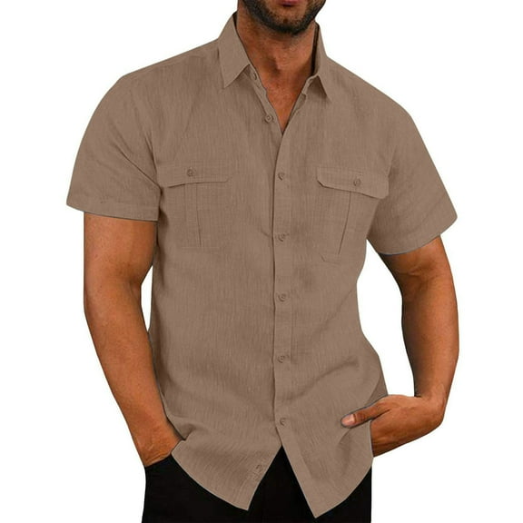 DLfVUB Men's Linen Shirts Big and Tall Regular Fit Casual Solid Button Down Short Sleeve Summer Beach Shirt Hawaiian Vacation Shirts with Double Front Pockets Brown XXXL