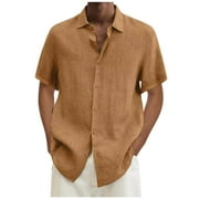 DLfVUB Men's Linen Shirts Short Sleeve Casual Big and Tall Regular Fit Solid Button Down Holiday Vacation Hawaiian Tees Shirt Tops for Men Beach Summer Wedding Shirt Khaki XL