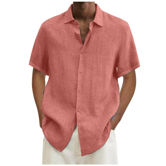 DLfVUB Men's Linen Shirts Short Sleeve Casual Big and Tall Regular Fit Solid Button Down Holiday Vacation Hawaiian Tees Shirt Tops for Men Beach Summer Wedding Shirt Orange XL