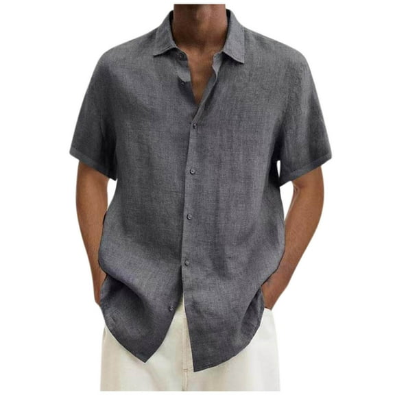 DLfVUB Men's Linen Shirts Short Sleeve Casual Big and Tall Regular Fit Solid Button Down Holiday Vacation Hawaiian Tees Shirt Tops for Men Beach Summer Wedding Shirt Dark Gray XXL