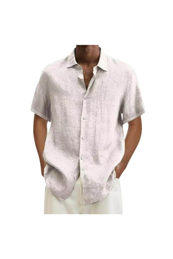 Men's Linen Shirts Short Sleeve Casual Big and Tall Regular Fit Solid Button Down Holiday Vacation Hawaiian Tees Shirt Tops for Men Beach Summer Wedding Shirt White L