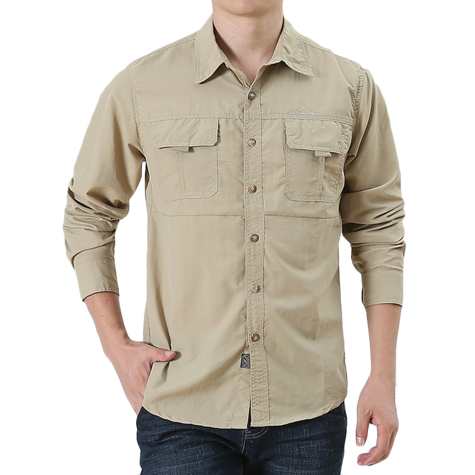 DLfVUB Men's Solid Color Workwear Shirt Button Down Double Pocket Tops