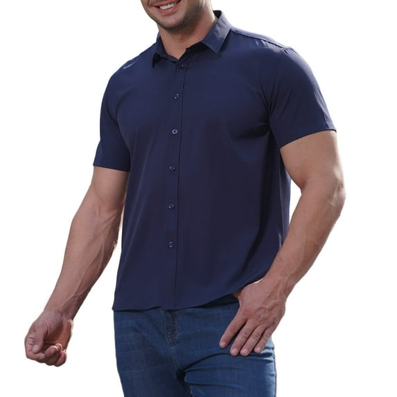 DLfVUB Men's Solid Cotton Dress Shirt Big and Tall Loose Tops Short Sleeve Button Down T-Shirt Business Formal Office Casual Shirts Turndown Collar Tee Dark Blue M