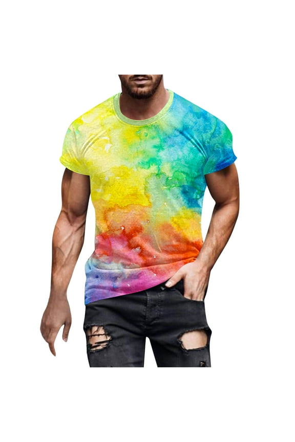 Men's Tie Dye T-Shirts Fashion Printed Tops Shirts Short Sleeve Crew Neck Loose Fit T-Shirt Summer Sports Fitness Quick Dry Muscle Tees Yellow XXL