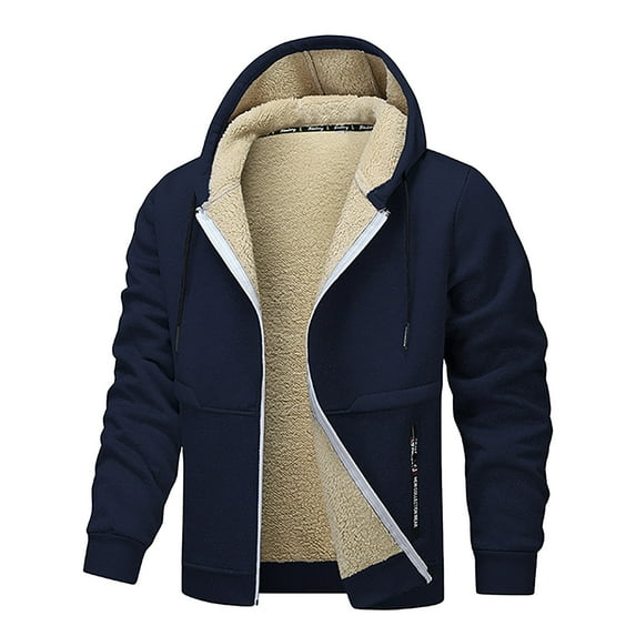 DLfVUB Mens Sherpa Lined Coat Full Zip Up Sweatshirt Long Sleeve Winter Warm Thermal Fleece Hoodies Jackets Drawstring Hooded Casual Jacket Navy M