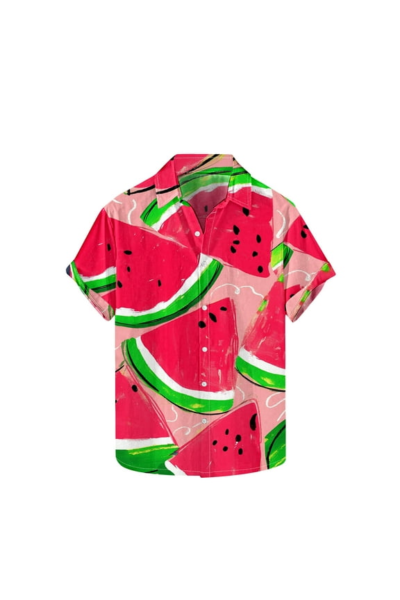 Mens Watermelon Printed Hawaiian Shirts Turndown Collar Button Down T-ShirtS Summer Vacation Beach Basic Shirt Big and Tall Short Sleeve Tees Watermelon Red XXXXXL