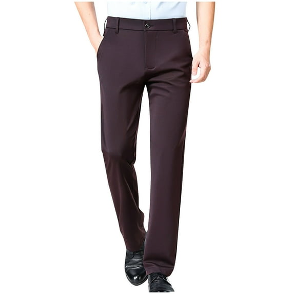 DLfVUB Mne's Straight Fit Suit Pants Cotton Casual Business Flat Front Wrinkle Free Comfort Stretch Dress Pants Solid Color Slim Fit Trouser Wine XXL