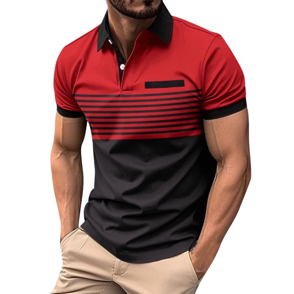 DLfVUB Shirts for Men Short Sleeve Button Down Golf T-Shirts Fashion Stripe Patchwork Graphic Shirts Tee Lapel Pocket Workout Shirts Tops Red M