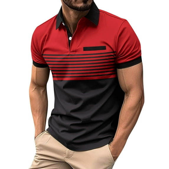 DLfVUB Polo Shirts for Men Short Sleeve Button Down Golf Polo T-Shirts Fashion Stripe Patchwork Graphic Shirts Tee Lapel Pocket Workout Shirts Tops Red S