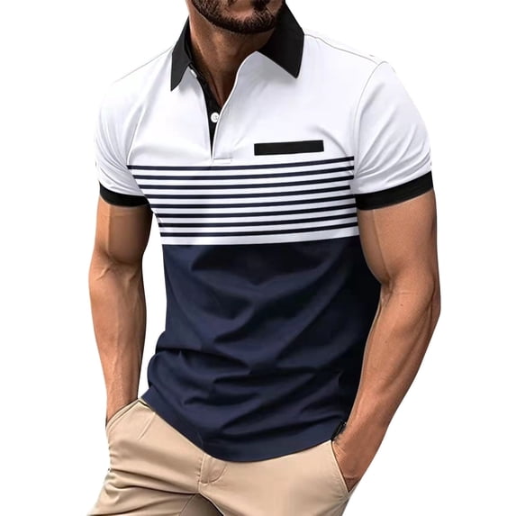 DLfVUB Shirts for Men Short Sleeve Button Down Golf T-Shirts Fashion Stripe Patchwork Graphic Shirts Tee Lapel Pocket Workout Shirts Tops White XXL